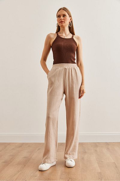 Olalook Nerzfarbene Musselinhose für Damen, elastischer Bund, Taschen, Pnt-19000279
