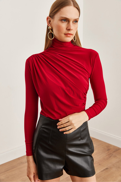 Olalook Burgundy Drape Detailed Stylish Women's Blouse - Blz- 19002712