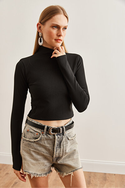 Olalook Kadın Siyah Yarım Balıkçı İnce Fitilli Parmak Detaylı Ottoman Bluz BLZ-19002709