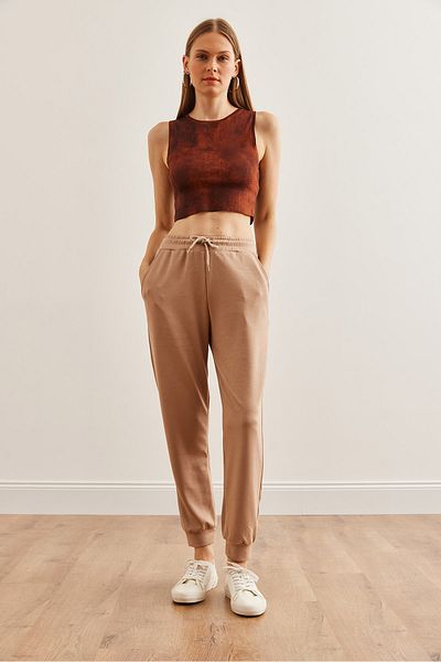 Olalook Beigefarbene Jogginghose aus Modal mit Knöpfen – Damen, elastische Taille Eşf- 00000072