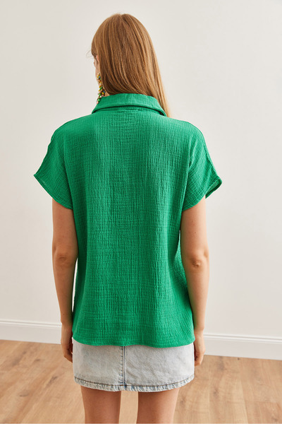 Olalook Grass Green Basic Muslin Women's Shirt - Bat Sleeve Gml- 19001215