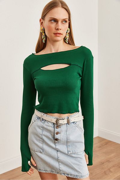 Olalook Emerald Green Strechy Crop Μπλούζα - Cut Out and Toe Detail Blz- 19002708
