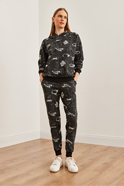 Olalook Kadın Siyah Kapüşonlu Sweatshirt'lü Baskılı Eşofman Takımı ETKM-0000067