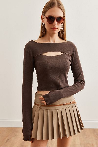 Olalook Μπλούζα Bitter Brown Strechy Crop - Cut Out Finger Detail, Blz- 19002708