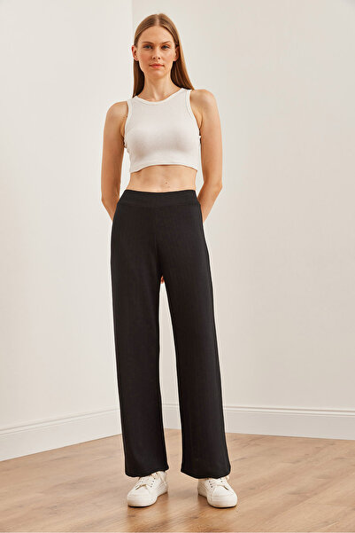 Olalook Kadın Siyah Kalın Fitilli Modal Tuşeli Palazzo Pantolon PNT-19000288