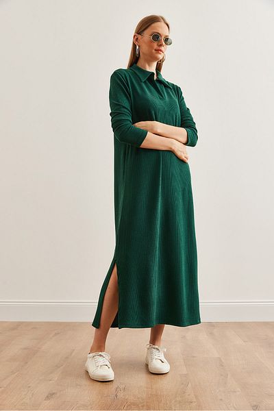Olalook Emerald Green Twisted Polo Collar φόρεμα - μακρυμάνικο και σχιστό αγκώνα- 19002246