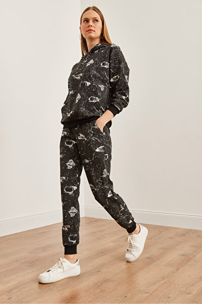 Olalook Kadın Siyah Kapüşonlu Sweatshirt'lü Baskılı Eşofman Takımı ETKM-0000067