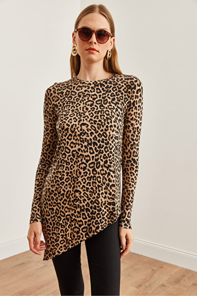 Olalook Tunica din vascoza bej cu imprimeu leopard - Gât asimetric pentru ciclism TNK- 19000097