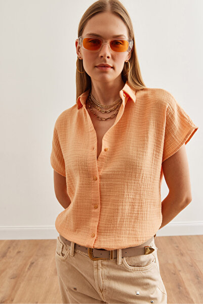 Olalook قميص نسائي من الموسلين بأكمام خفاش بلون السلمون - GML- 19001215