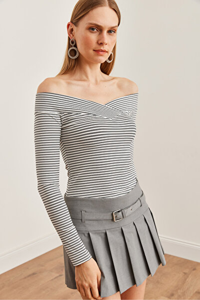 Olalook Bluză de damă cu dungi cu guler alb - BLZ- 19002715