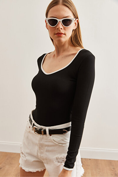 Olalook Μαύρη Strechy ριγέ γυναικεία μπλούζα - Pool Collar Blz- 19002714