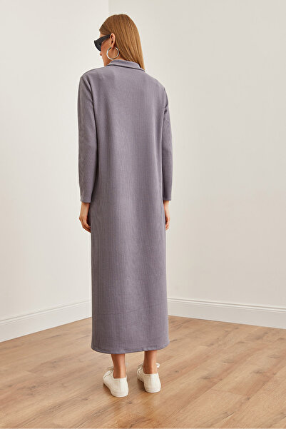 Olalook Gray Polo Collar Twist Dress - Long Sleeve and Slit Elb- 19002246