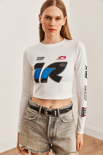 Olalook White Racing Γυναικεία Οθωμανική Μπλούζα Crop - Blz- 19002710