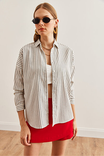 Olalook Black Bat Striped Oversize Linen Women's Shirt - Gml- 19001235