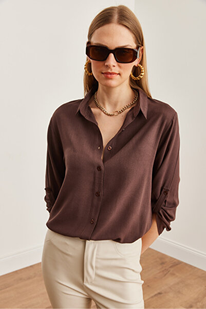 Olalook Kadın Kahverengi Kol Katlamalı Keten Gömlek GML-19000825