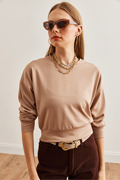 Olalook Kadın Bej Modal Tuşeli Crop Sweatshirt SWT-19000653