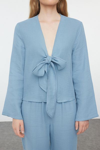 Trendyol Collection Muszlin szőtt pizsama szett - kék, 100% pamut, tömör kötés, részlet THMAW25PT00197