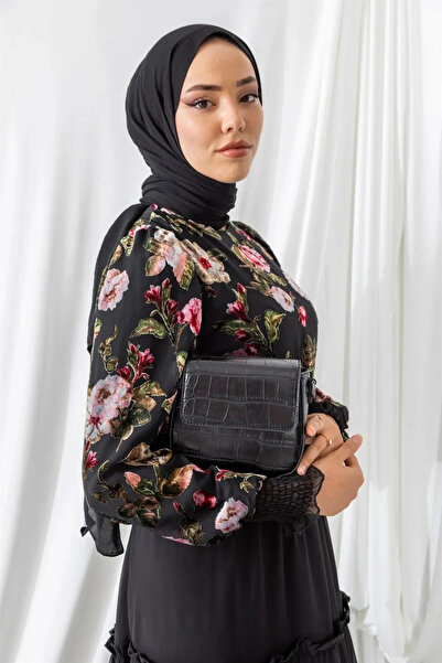 bayansepeti Βραδινό φόρεμα μαύρο βελούδινο με φλοράλ στάμπα - Φούστα σιφόν με επένδυση, λεπτομέρεια στο δάπεδο, Hijab 5971