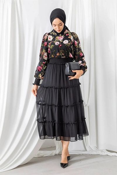 bayansepeti Black Floral Patterned Velvet Evening Dress - Lined Chiffon Skirt, Layered Detail, Hijab 5971