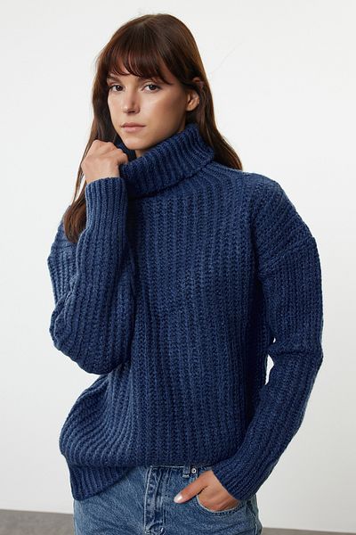 Trendyol Collection Pulover mare din tricotaje Indigo cu textura moale - TWOAW25KZ00057