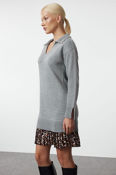 Trendyol Collection Dark Gray Mini Dress with Knitwear Garnish - Twoaw25El00061