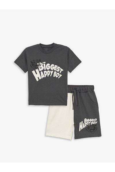 LC Waikiki Crew Neck Printed T-Shirt and Shorts for Baby Boy - Set of 2