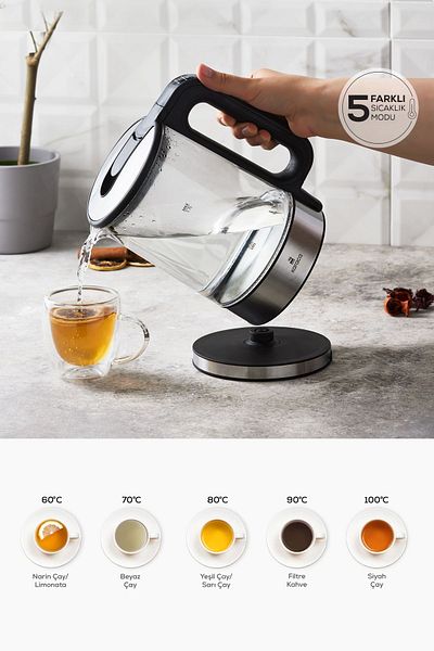 Karaca 2205 Glass Kettle with Temperature Adjustment and LED Light Kettle 2200w