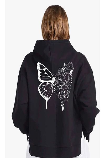 Pink Sky Μαύρο Oversize Floral Butterfly Γυναικείο φούτερ