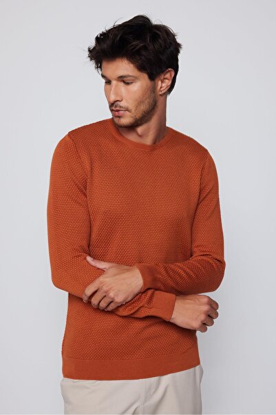 Tudors Men's Cinnamon Patterned Slim Fit Crew Neck Knitwear Sweater