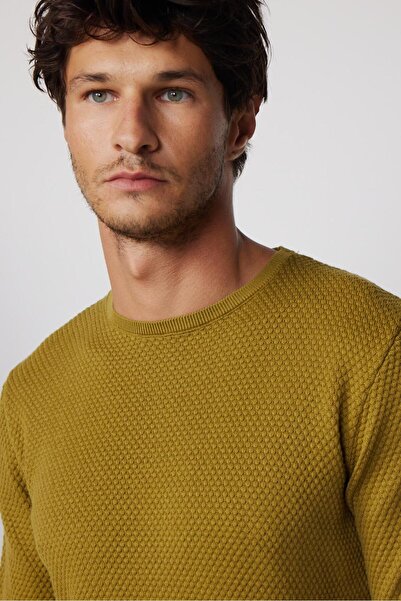 Tudors Erkek Slim Fit Dar Kesim Bisiklet Yaka Petek Desenli Yeşil Triko Kazak