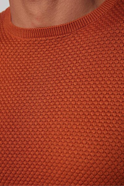 Tudors Erkek Slim Fit Dar Kesim Bisiklet Yaka Petek Desenli Tarçın Triko Kazak