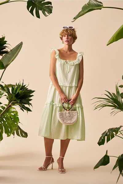 mathilda store Green Pleated Midi Dress - Crew Neck, Lace-up Front Design, Back Detailed Pattern
