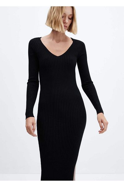 MANGO Woman Ribbed V-Neck Dress