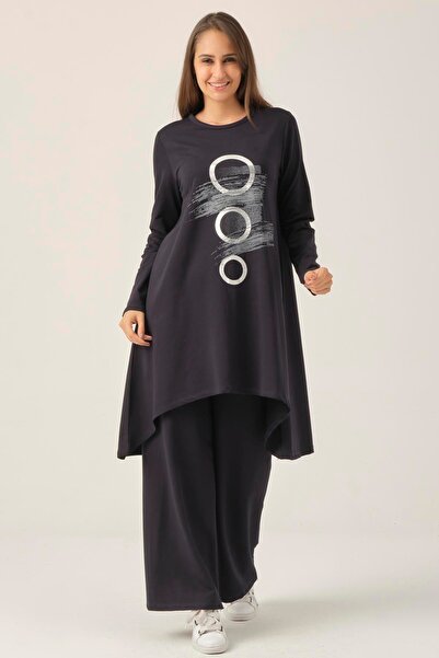 Darlin Moda Women's Navy Blue Printed Tunic Trousers Double Set Dm51021