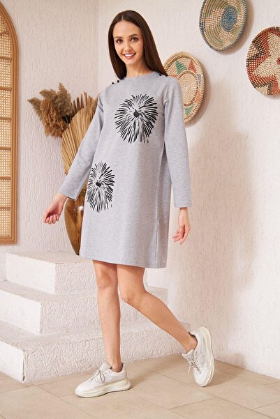 Darlin Moda Women's Gray Melange Printed Button Detailed Tunic Dm60346
