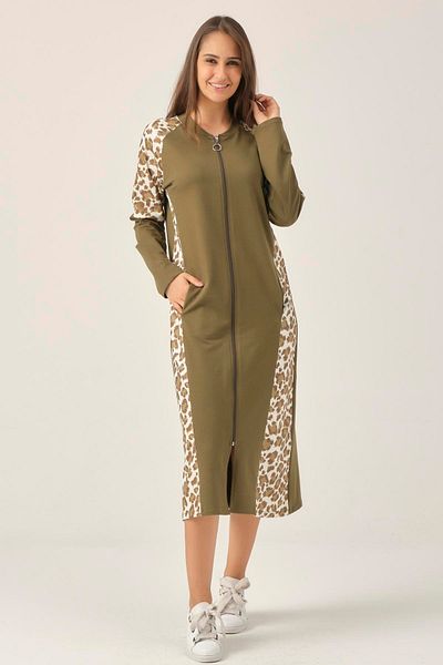 Darlin Moda Women's Khaki Printed Zippered Women's Overcoat Dm452