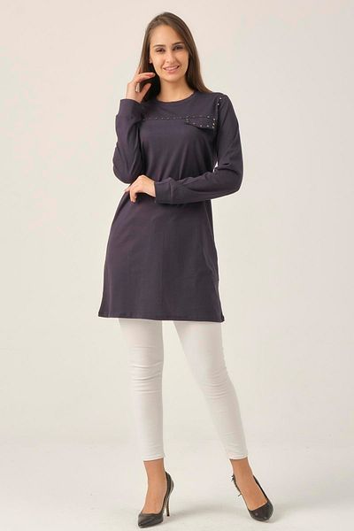 Darlin Moda Women's Navy Blue Jewelled Crew Neck Tunic Dm230