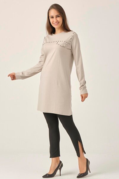 Darlin Moda Kadın Gri Taşlı Sıfır Yaka Tunik Dm230