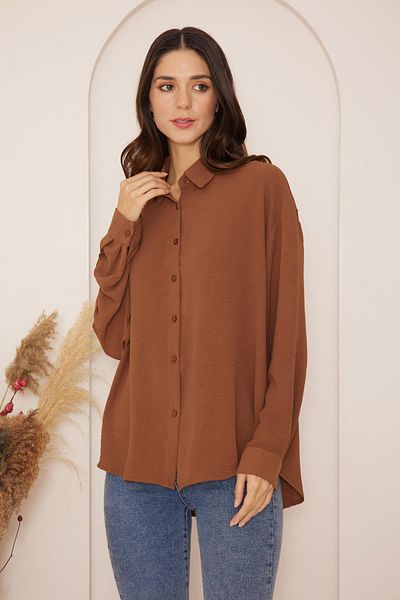 Darlin Moda Дамска кафява риза с дълъг ръкав и свободна кройка DM9004