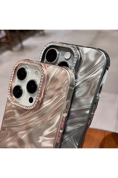 m.tk moveteck İphone 14 Pro Max Kılıf Kristal Elmas Taşlı Dalgalı Parlak Simli Silikon Lens Çercevesi Parıltılı