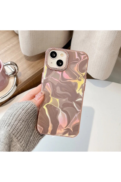 m.tk moveteck İphone 15 Kılıf Kristal Elmas Taşlı Dalgalı Parlak Simli Silikon Lens Çercevesi Parıltılı Detaylı