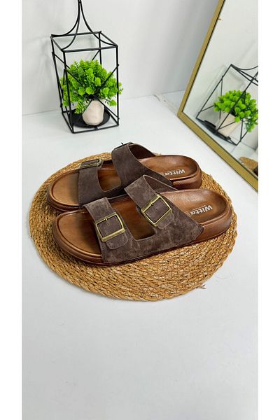 İmerShoes Casual καφέ ανδρικές παντόφλες με διπλή ρυθμιζόμενη πόρπη Άνετη σόλα οβάλ πέδιλα 54201
