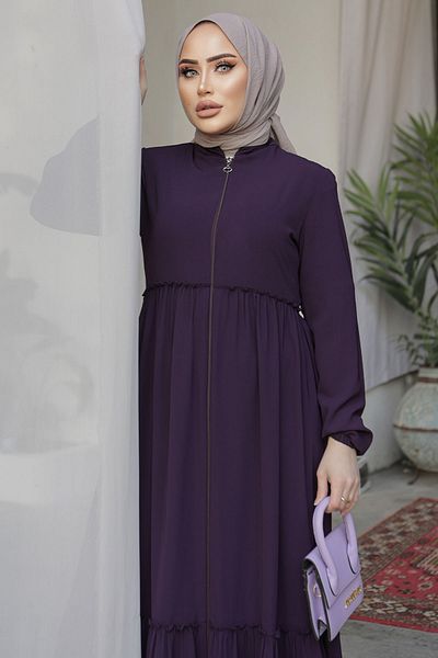 InStyle Gathered Detail Zippered Abaya - Plum