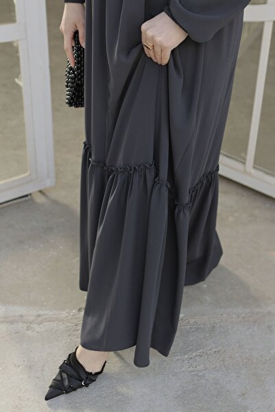 InStyle Gathered Detail Zippered Abaya - Anthracite