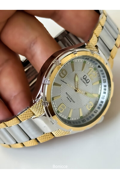 Q&Q Waterproof Men's Wristwatch and Rosary Bracelet - Yellow Color, 2 Years Warranty, Steel Cord