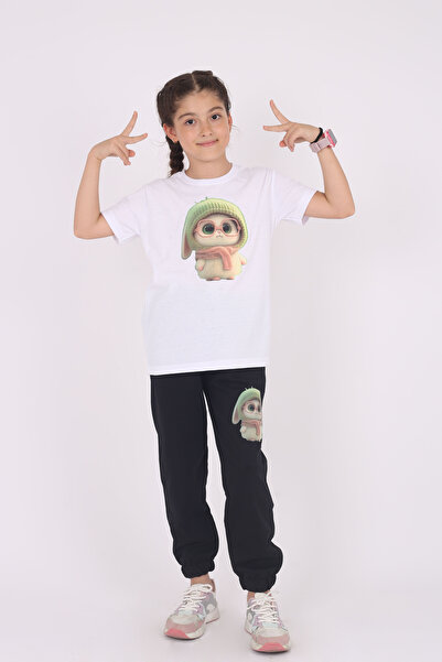 cm buseyiz Tricou drăguț pentru fete cu imprimeu iepure și set cu fund plat