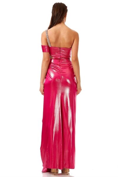 Elbisemhazır Tek Omuz Taşlı Zincir Askılı Yırtmaçlı Saten Uzun Abiye Elbise