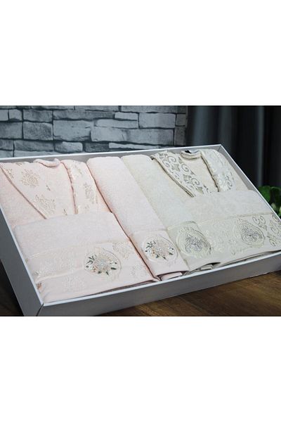 Çeyiz Diyarı Σετ οικογενειακής ρόμπας Salmon Cappuccino Colorful Rosel Bukle Jacquard