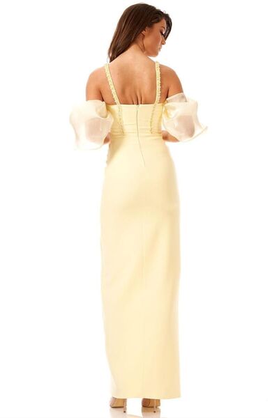 Elbisemhazır Askılı Düşük Balon Kol Yırtmaçlı Uzun Abiye Elbise