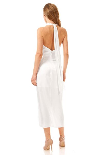 Elbisemhazır Saten Boyundan Bağlamlı Sırt Dekolteli Yırtmaç Detaylı Abiye Elbise